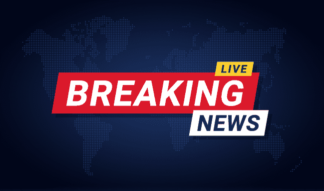 Breaking news banner template. Breaking news background for screensaver, lower third. Red and blue banner on stylized world map background.