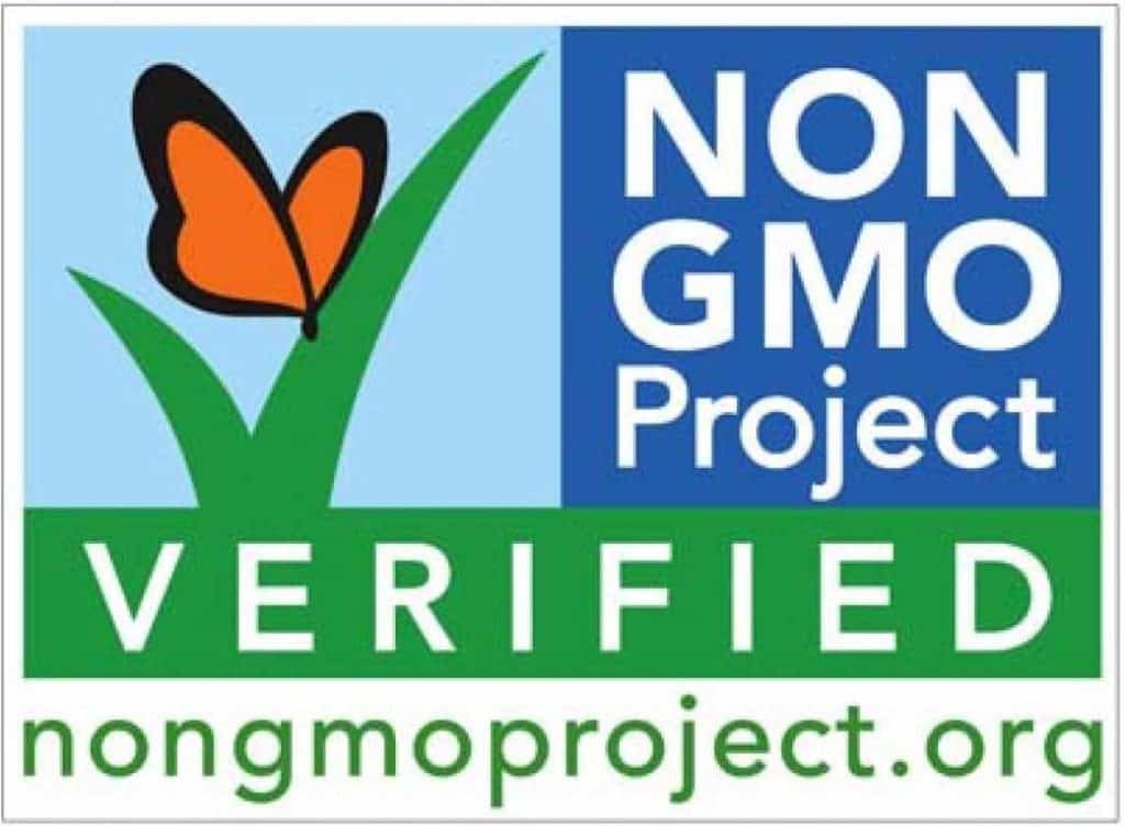 The image reads "The Non-GMO Project Verified nongmoproject.org" with an insignia of an orange butterfly on top of a green checkmark.